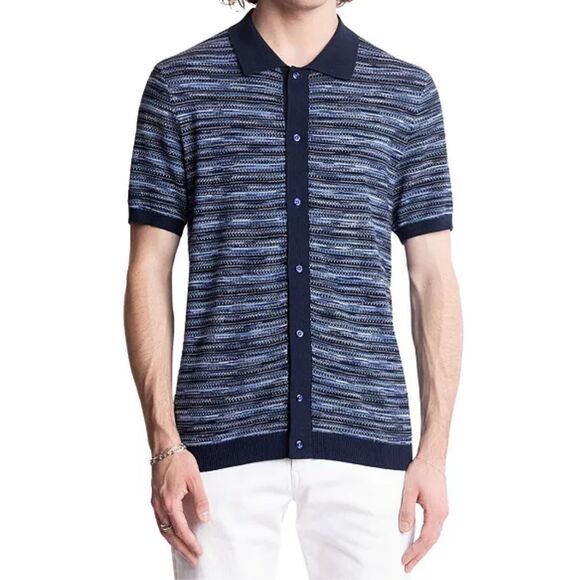 Paisley & Gray NWT Slim Fit Full-Placket Short Sleeve Striped Polo Shirt Blue Mu